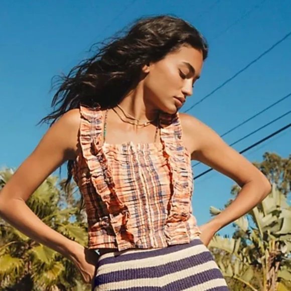 Anthro Verb Summer Vacation Ruffled Plaid Tank Orange Motif Blouse Extra Small - Picture 2 of 11